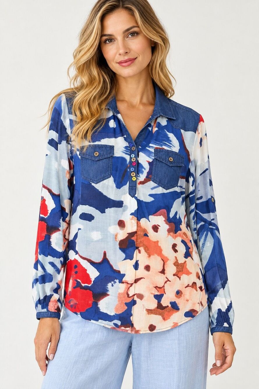 Desigual Rare European Abstract Print Denim Detail Blouse Multicolor Size XS
